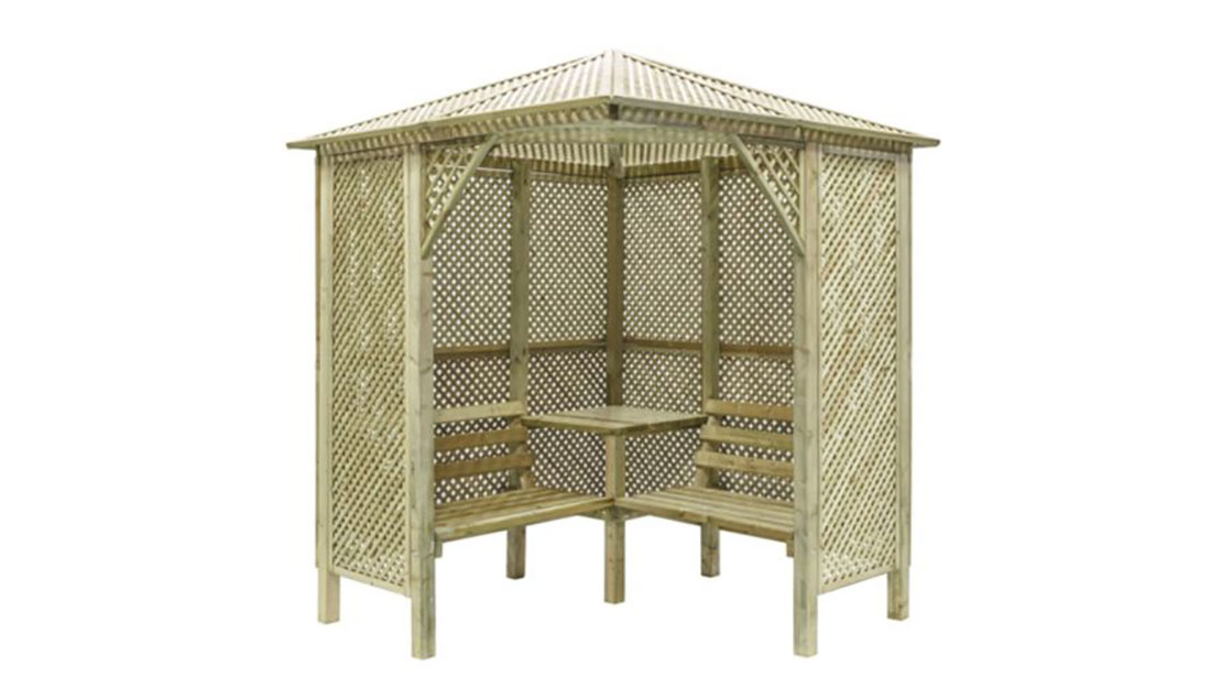 The Valencia Corner Arbour is a definitivestructure, ideal for creating a sheltered dining area, or a relaxing seating area. The lattice trellis design creates a truly classic structure. The strong and sturdy construction is pressure-treated to ensure protection and long term use.