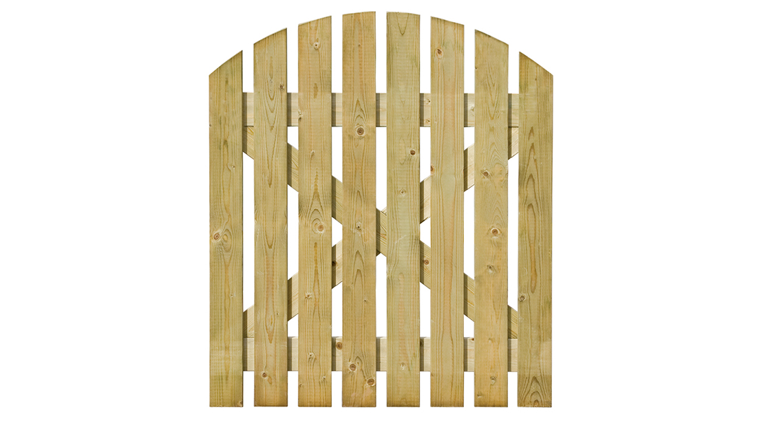 A domed top gate with a simplistic yet rustic feel, ideal to use along a pathway or entrance. The planed timber is pressure-treated to ensure longevity in use.