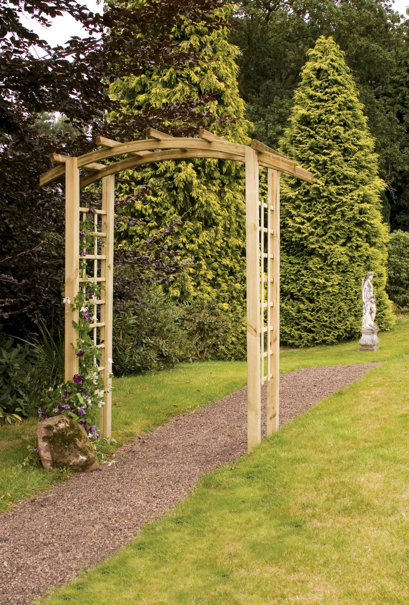 The Bow Top Garden Arch comes with decorative square trellis sides enhancing any garden space. The structure is ideal for creating an impressionable pathway, or as a decorative garden feature. The timber is pressure treated for enhanced protection.