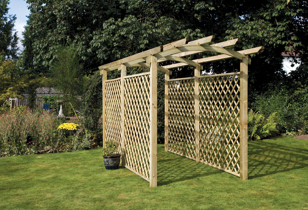 This Pergola offers a framework upon which to grow your climbing plants. This modern structure adds height and depth, transforming a garden space. The Pergola components are pressure-treated to protect the structure from rot.