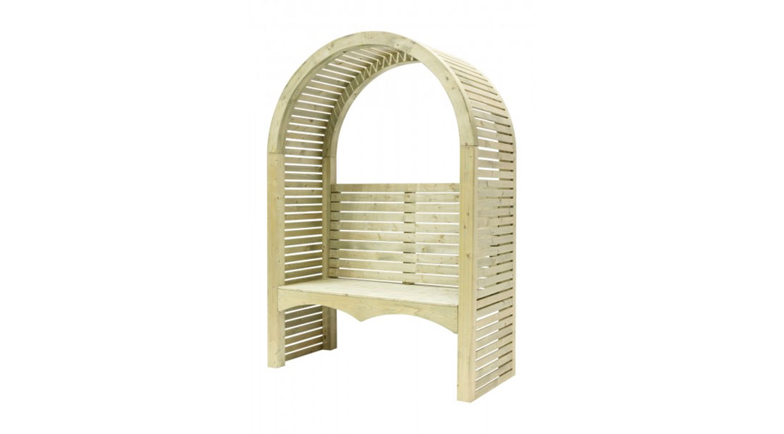 This Contemporary Arbour has real presence with modern straight lines, and a classic curved roof using quality finger joints. The arbour is pressure-treated to provide protection from wood rot and fungal decay.