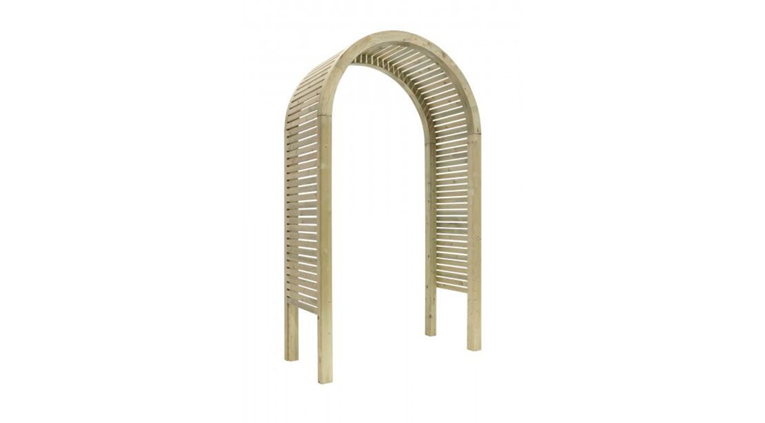 The Contemporary Garden Arch is a substantial and stylish structure. The chunky arched top, posts and slats are planed, rounded and chamfered for a modern look. Use with climbing plants along a pathway or as a standalone feature in your garden.