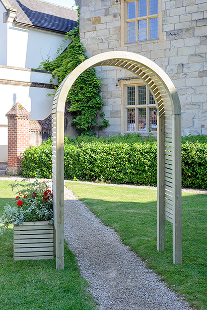 The Contemporary Garden Arch is a substantial and stylish structure. The chunky arched top, posts and slats are planed, rounded and chamfered for a modern look. Use with climbing plants along a pathway or as a standalone feature in your garden.