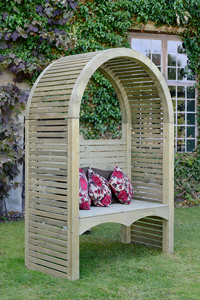 This Contemporary Arbour has real presence with modern straight lines, and a classic curved roof using quality finger joints. The arbour is pressure-treated to provide protection from wood rot and fungal decay.