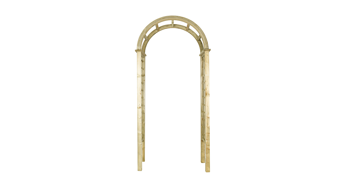 The Elite Granville Arch has a classical look as well as being strong and robust. This arch is suitable as a freestanding structure on either a path or garden space. The square trellis sides are ideal for climbing plants. Made from pressure treated timber and finished in pale green for longevity in use.