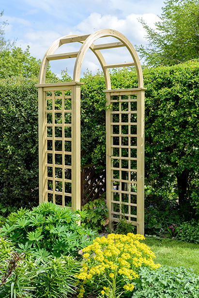 The Elite Granville Arch has a classical look as well as being strong and robust. This arch is suitable as a freestanding structure on either a path or garden space. The square trellis sides are ideal for climbing plants. Made from pressure treated timber and finished in pale green for longevity in use.