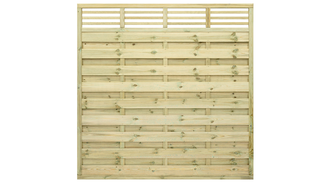 Featuring straight cut slats and a horizontal-style trellis top, the Elite Lille panel from Grange Fencing has been pressure-treated for long-lasting use. 