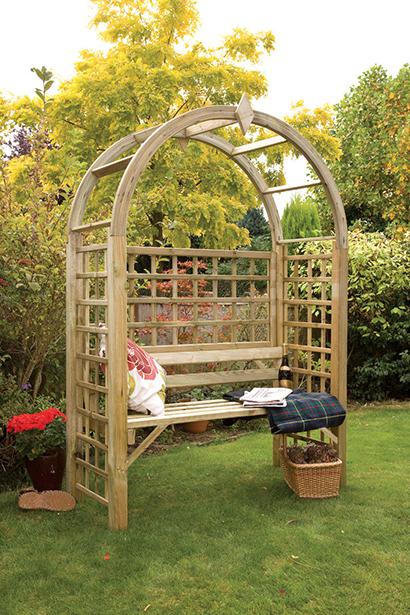 The Montebello Arbour is a large and inviting structure with an attractive bow shaped roof. This versatile structure is ideal for both contemporary and traditional gardens alike. All components are pressure-treated to provide extra protection and appearance retention.
