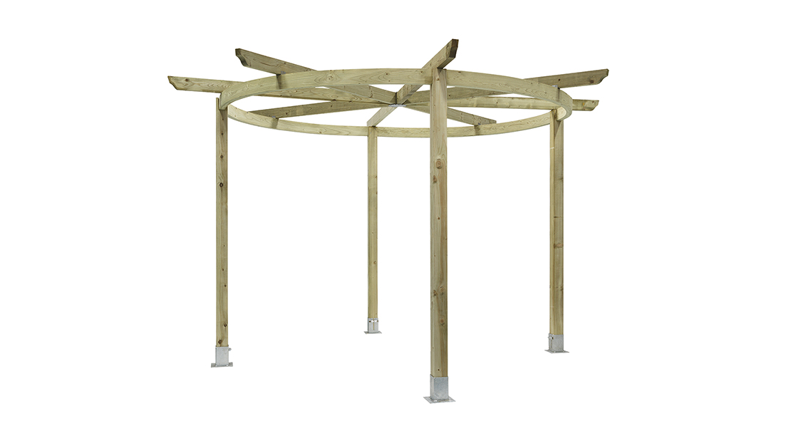 The Carousel Pergola is a timeless garden structure. The curves of the top beam reflect the natural shapes in your garden, whilst providing an effective frame for a garden feature beneath. The pressure-treated pale green timber protects from wood rot and decay