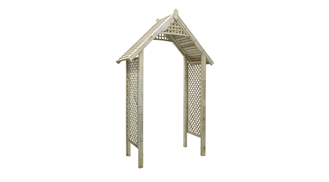 The Valencia Arch is a strong and robust arch with diamond trellis sides, and a slatted roof finished with pointed finials. This classic design is ideal as a garden feature, or creating an attractive arch over a pathway. Made from pressure treated timber to protect against wood rot and decay.