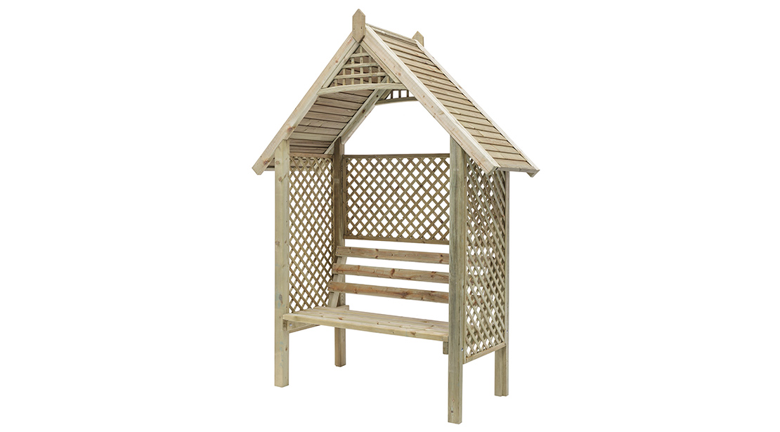 This classic arbour is designed with diamond trellis sides and back to support climbing plants. The slatted roof provides extra protection from the sun, and the sturdy yet comfortable bench enables you to sit back and relax. It is made from pressure-treated timber for long lasting protection.This classic arbour is designed with diamond trellis sides and back to support climbing plants. The slatted roof provides extra protection from the sun, and the sturdy yet comfortable bench enables you to sit back and relax. It is made from pressure-treated timber for long lasting protection.