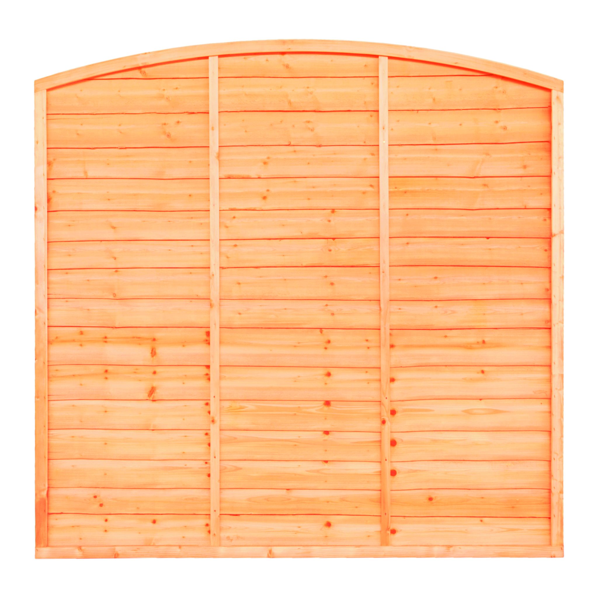 SUPERIOR BOW TOP LAP FENCE PANEL An added twist to a simple design, a stronger lap panel constructed using double waney edge slats that are secured into a neat arched shaped rebated frame.